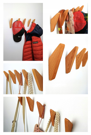 Drewniany wieszak 3 szt ścienny na ubrania do przedpokoju – ukryty montaż - Buk