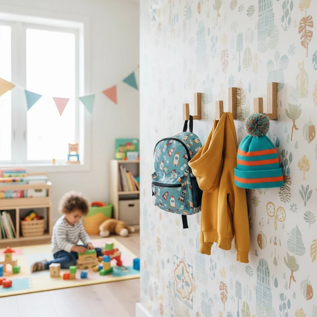 Ręcznie robione dębowe wieszaki ścienne w komplecie pięciu sztuk. Widok z prawej strony na białej ścianie podkreśla ich gładkie wykończenie i prostą formę montażu. 