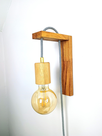 Drewniany Kinkiet Dębowy na Ścianę Żarówkę Kabel Minimalistyczny Dąb Rustic