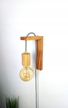 Drewniany Kinkiet Dębowy na Ścianę Żarówkę Kabel Minimalistyczny Dąb Rustic