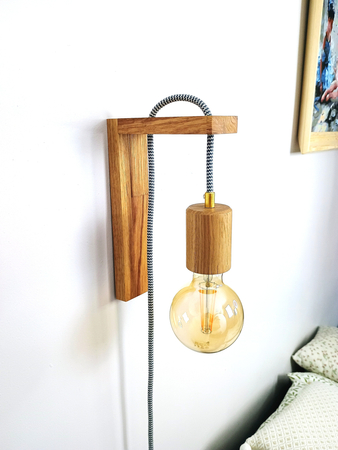 Drewniany Kinkiet Dębowy na Ścianę Żarówkę Kabel Minimalistyczny Dąb Rustic