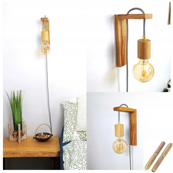 Drewniany Kinkiet Dębowy na Ścianę Żarówkę Kabel Minimalistyczny Dąb Rustic